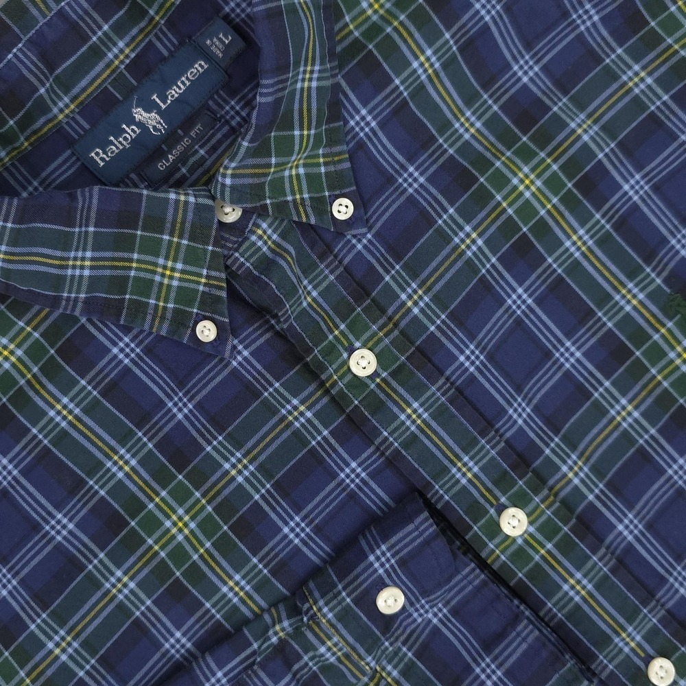 Ralph Lauren Shirt Mens Large Blue Green Plaid Long Sleeve Button Down Cotton